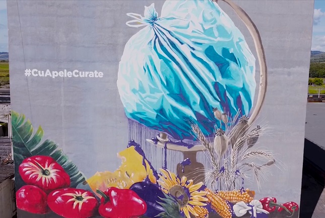 VIDEO Pictură murală în Mehedinți: globul pământesc acoperit cu un sac de gunoi