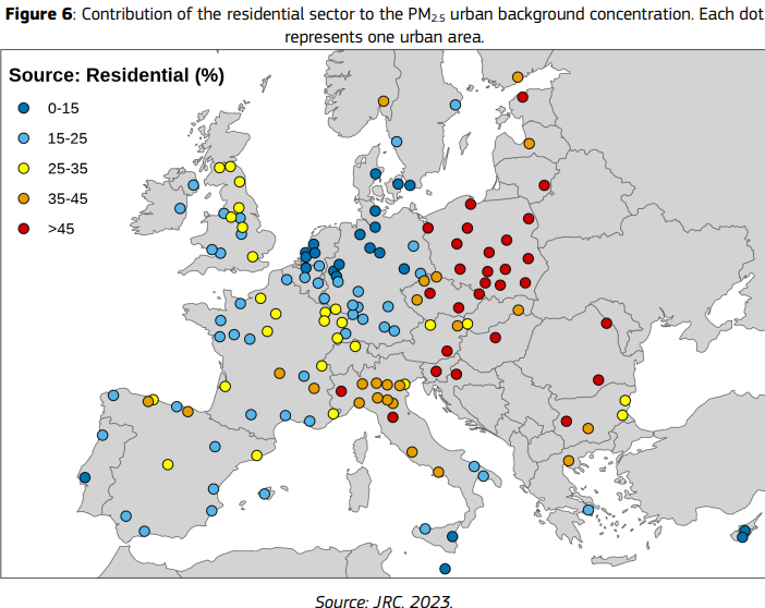 Imagine: Contribuția sectorului rezidențial la poluarea cu PM2.5. Sursa: Atlas Urban PM2.5, Calitatea Aerului în Orașele Europene, Raport 2023