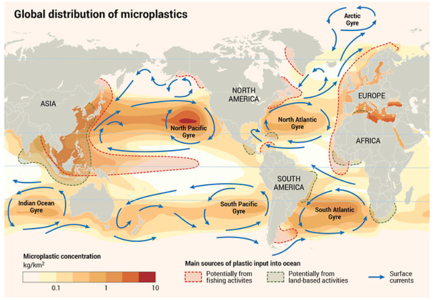 Distribuția globală a microplasticelor marine. Sursa: GRID-Arendal.
