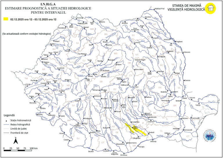 Hartă cod galben inundații Sursa: I.N.H.G.A.