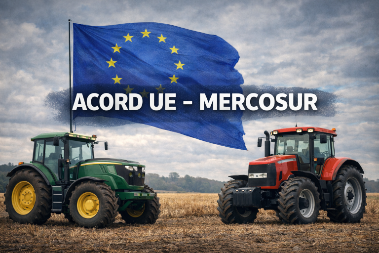 Fotografie generată de inteligență artificială: tractoare pe câmp sub steagul UE, în contextul acordului UE–Mercosur.